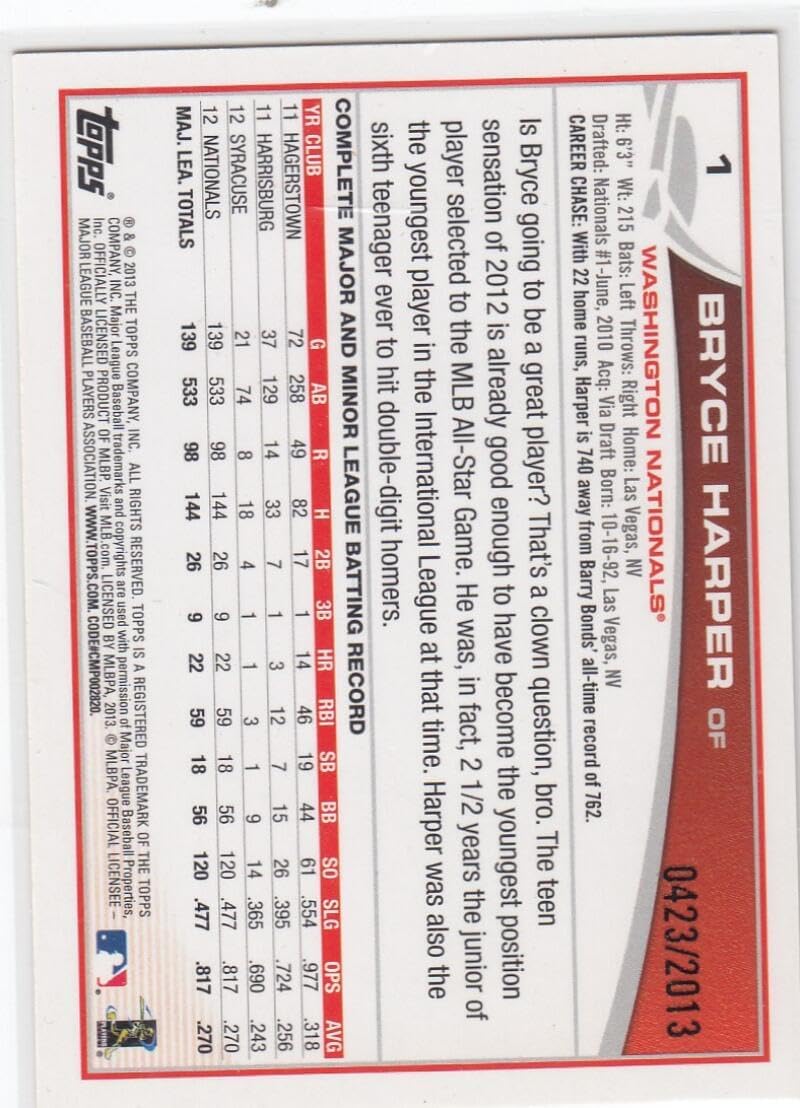 Baseball Trading Card 2013 Topps Gold #1 Bryce Harper EX++ Excellent++ 423/2013 Nationals