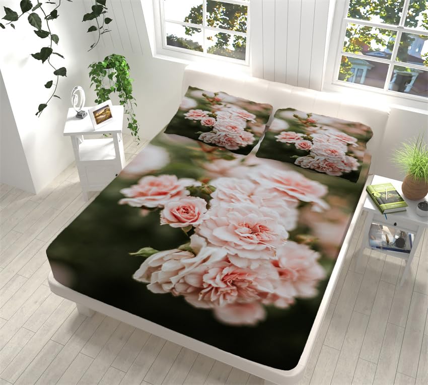 Sabanas 90X190 Flores Rosas Bedding Juego De Sabanas 3 Piezas - Poliéster Microfibra Cepillada Funda Colchon - Hipoalergenica Juego De Sabanas - 2 Fundas De Almohada