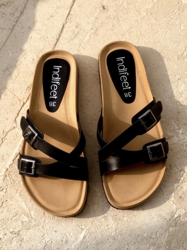 Image of Indifeet Daily Use Stylish Buckle Casual Cork Sandals for Women | Comfortable Arch Support Slippers with Adjustable Double Straps, Daily Use Flats, Light Weight Slides, Office, Outdoors, Home