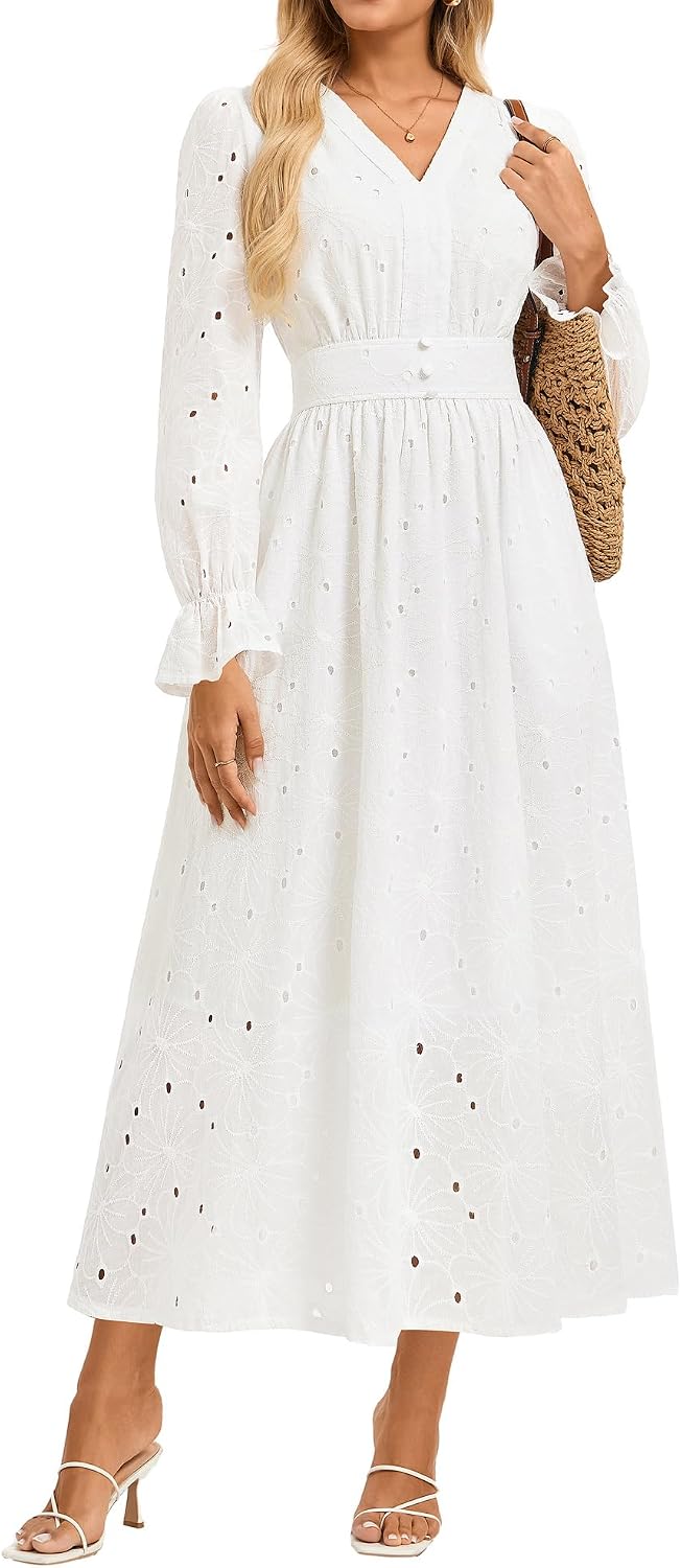 GRACE KARIN Womens Long Sleeve Cotton Eyelet Fall Maxi Dress 2026