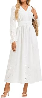 GRACE KARIN Womens Long Sleeve Maxi Dress 2026 V Neck Eyelet Casual Cotton Wedding Guest Dresses Fall Outfits with Pocket