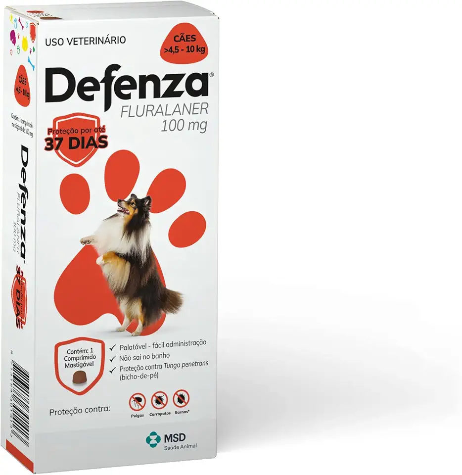 Defenza® 100mg - Antipulgas, Bicho-de-Pé, Carrapatos e Sarnas - Cães de 4,5 a 10 kg - 1 Comp. Mastigável - MSD Saúde Animal