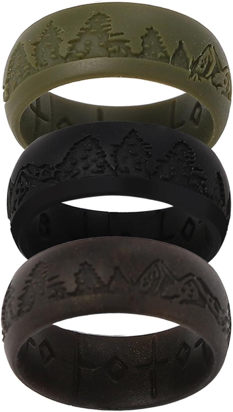 – Cupimatch Men's Silicone Ring Set: 3-Pack Active Lifestyle Mountain Tree Bands with Cross Ventilation, Gym Safe Rubber Rings for Men (Size:8)