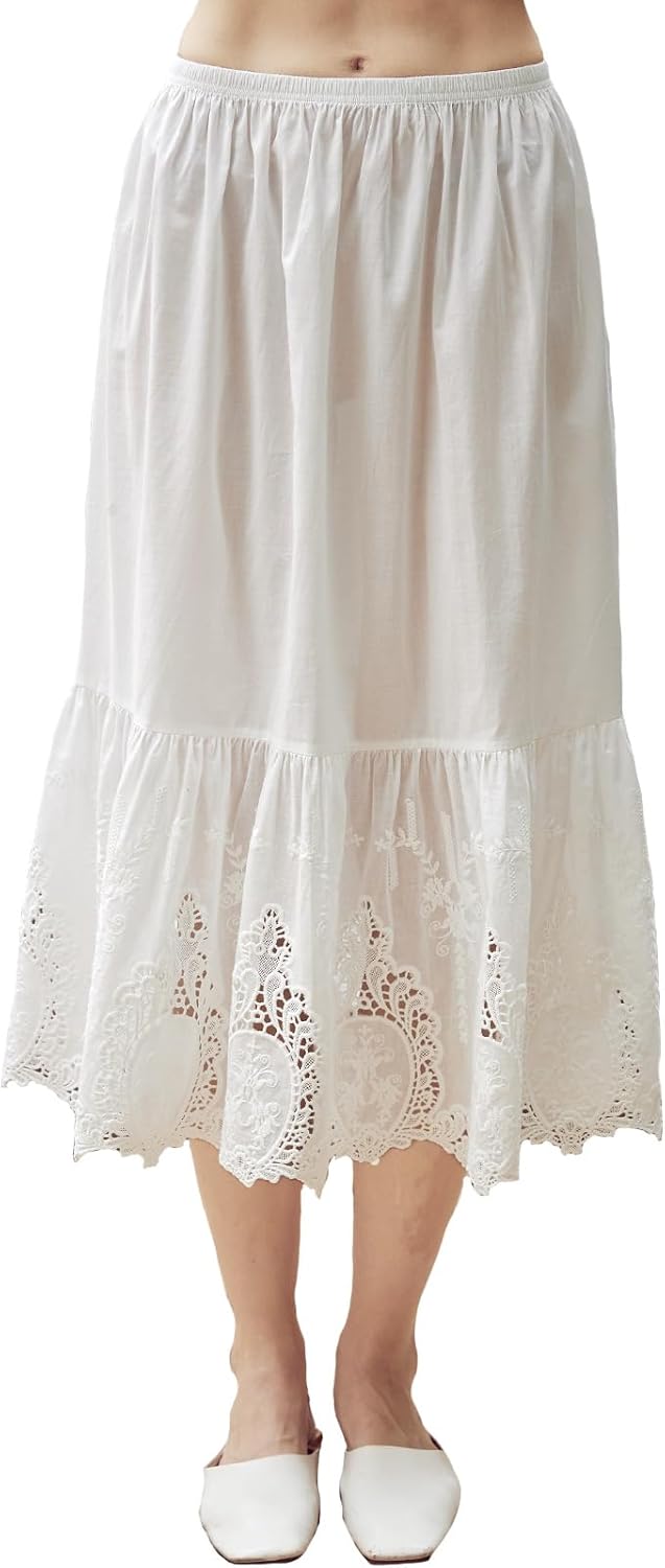 BEAUTELICATE 100% Cotton Half Slip Skirt Extender Vintage Underskirt with Lace Trim