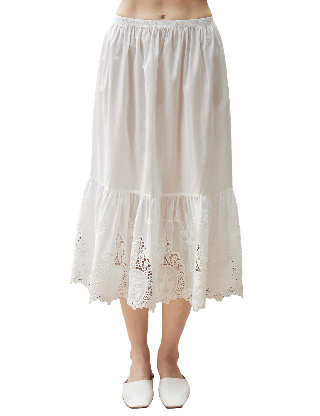 BEAUTELICATE Femme Jupon en Pur Coton sous Jupe sous Robe avec Dentelle Volants Ajourée Fond De Jupe Léger Frais De Été Printemps Midi Longue Blanc cassé