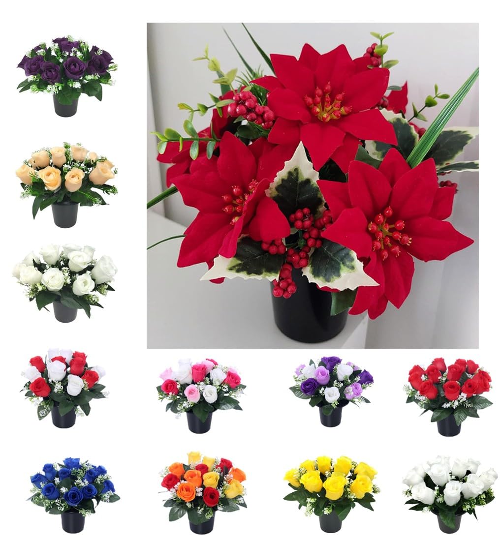 Rose Artificial Flowers in Grave Flower Pots – UV Resistant, Realistic, Long-Lasting Design for Cemetery Decorations, Grave Displays, Home & Garden Memorial Arrangements (mas Poinsettia Holly & Pine) — image 1