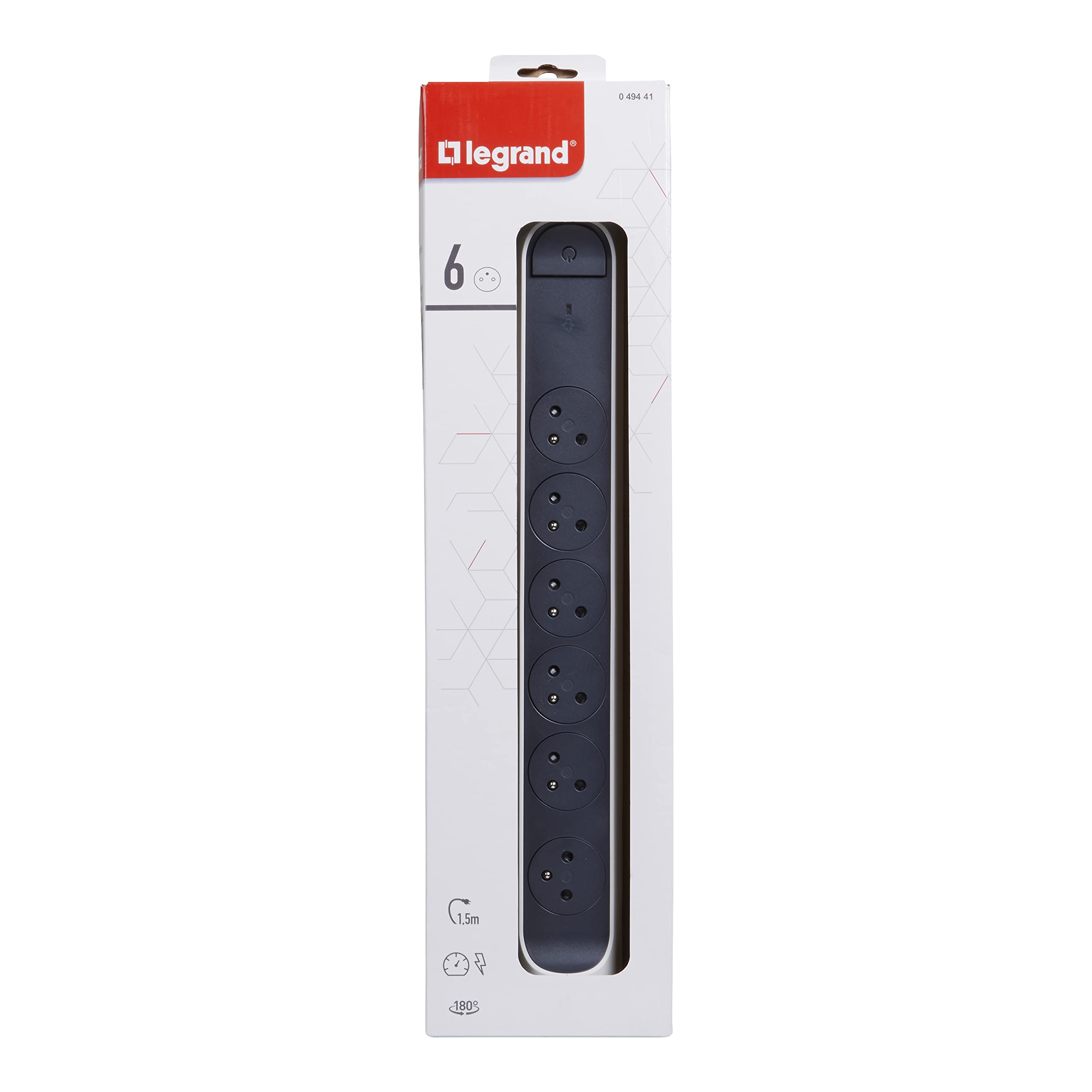 LEGRAND - Multiprise Rotative Avec Interrupteur à Voyant LED + Disjoncteur + Indicateur de Charge - 6 Prises Surface avec Terre - Cordon 1,5m - Blanc et Gris Foncé