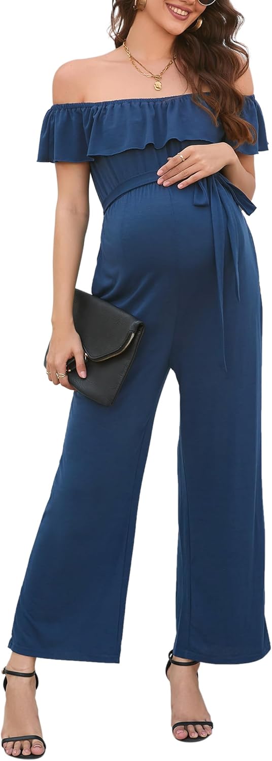 Maternity Jumpsuit Women's V Neck Short Sleeve Casual Jumpsuit High Waist Nursing Romper with Belt