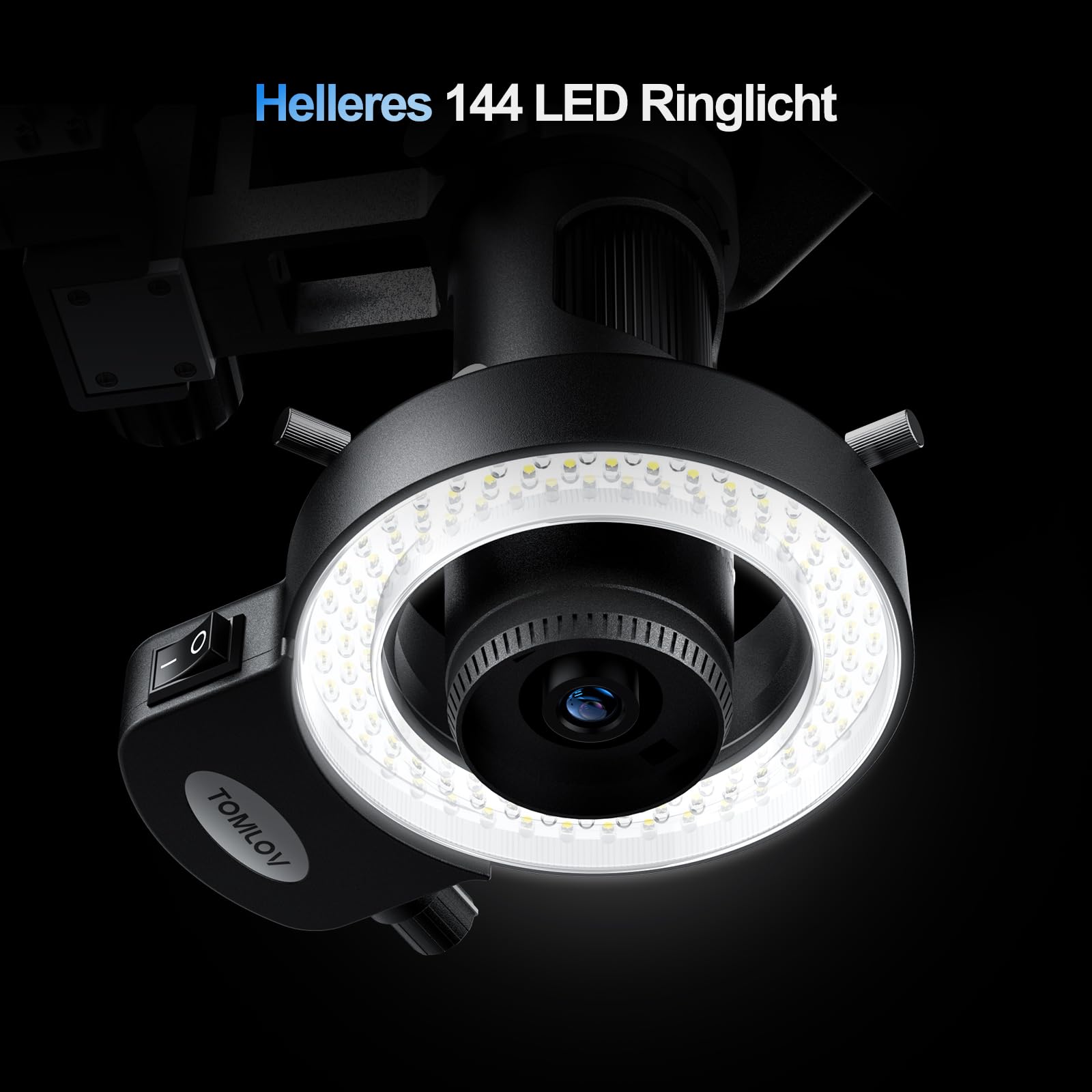 TOMLOV DM602 Pro 10,1 Zoll 3 Objektiv Digitales Mikroskop, 2K 24MP HDMI Lötmikroskop/Biologisches Microscope mit 144 Einstellbaren LED-Ring-Licht, 64GB Karte, 10" Stabiler Ständer, TV/PC Kompatibel