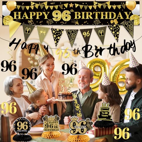 Image of 96th Birthday Decorations for Men, Black Gold 96th Party Decorations | 27pcs Happy 96th Birthdays Set: Banner, Honeycomb, Balloons, Gold Number, Candle, Hanging Swirls, Cake Topper, Party Supplies