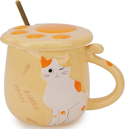 Miniatura 8 de Kitchenexus Bonita taza de café con diseño de gato, taza de té de leche de cerámica con bonita tapa de gatito y cuchara de acero inoxidable para