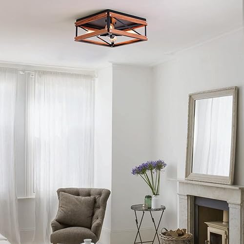 Miniatura 10 de Lámpara de techo rústica de montaje empotrado con dos luces de metal y madera cuadrada para pasillo, dormitorio, cocina, entrada, color negro
