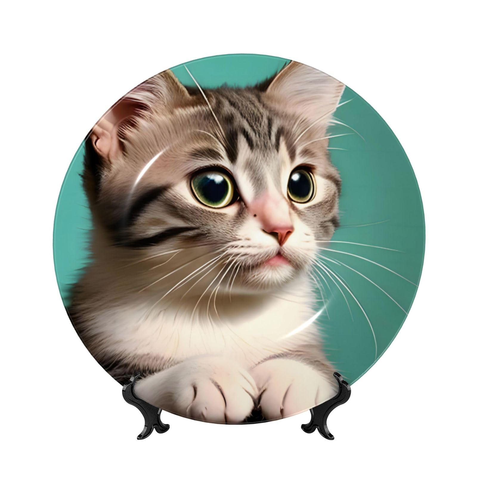SXZVVBN A curious cat Bone China Decorative Plate Art with Stand Removable Adhesive Hanging for Home Office 7in