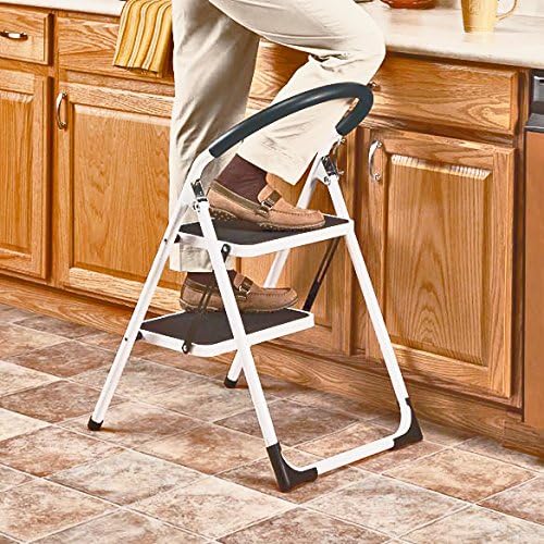 LavoHome 330lbs Upper Reach Reinforced Metal Folding Step-Ladder Household Kitchen Stool (Two Step Ladder)