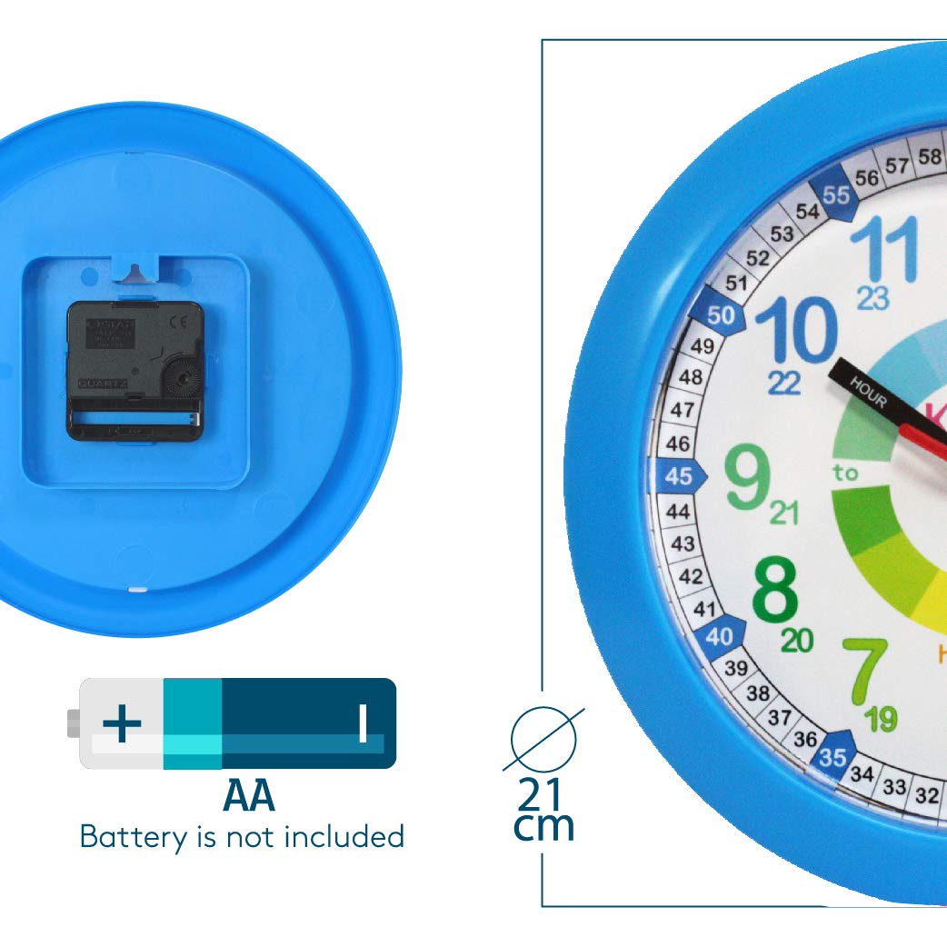KIDDUS Muur Klok voor Jongens en Meisjes. Geluidloos Analoog Time Teacher Uurwerk Inclusief Oefeningen. Designed om te Helpen de Tijd te Leren