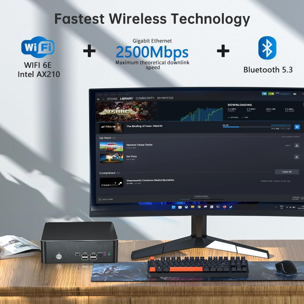 Thdeukoty Mini PC mit Core i9-9880H 2,3 bis zu 4,8GHz, 64G DDR4 1T NVME SSD, Windows 11 Pro Desktop Computer, DP*1, HDMI*2 Unterstützung Triple Display, Optical, Dual 2,5G LAN, WiFi6E/BT5,3,VESA