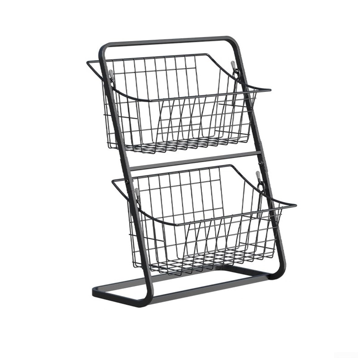 Cestino per frutta a 2 ripiani, in metallo, con manico in legno, organizer da cucina per frutta, verdura, cestino per pane, impilabile, 37 x 28 cm (bianco)