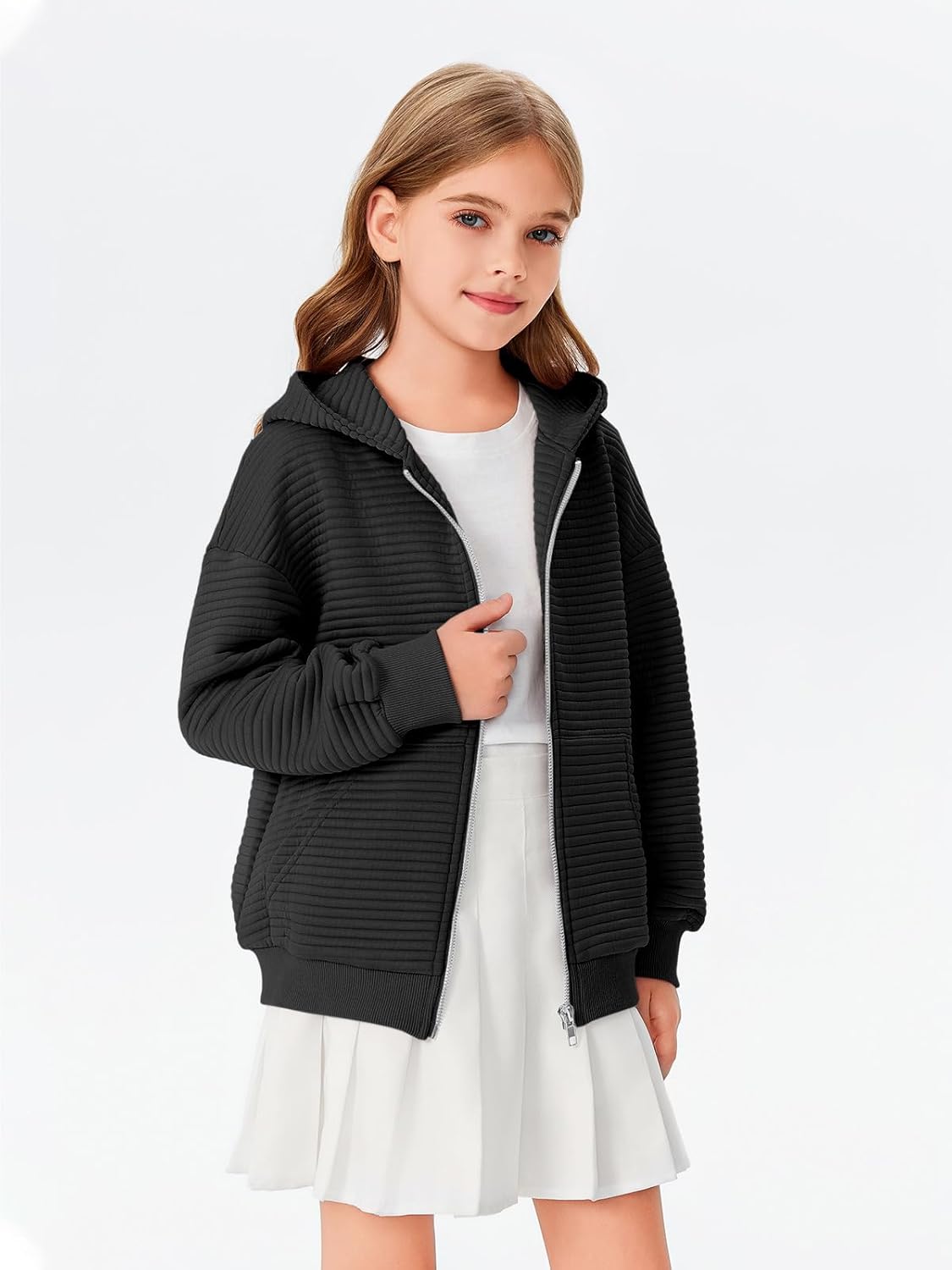 Haloumoning Girls Zip Up Hoodie Kids Fashion Oversized Textured Sweatshirt Jacket with Pockets 5-14 Years - Image 3