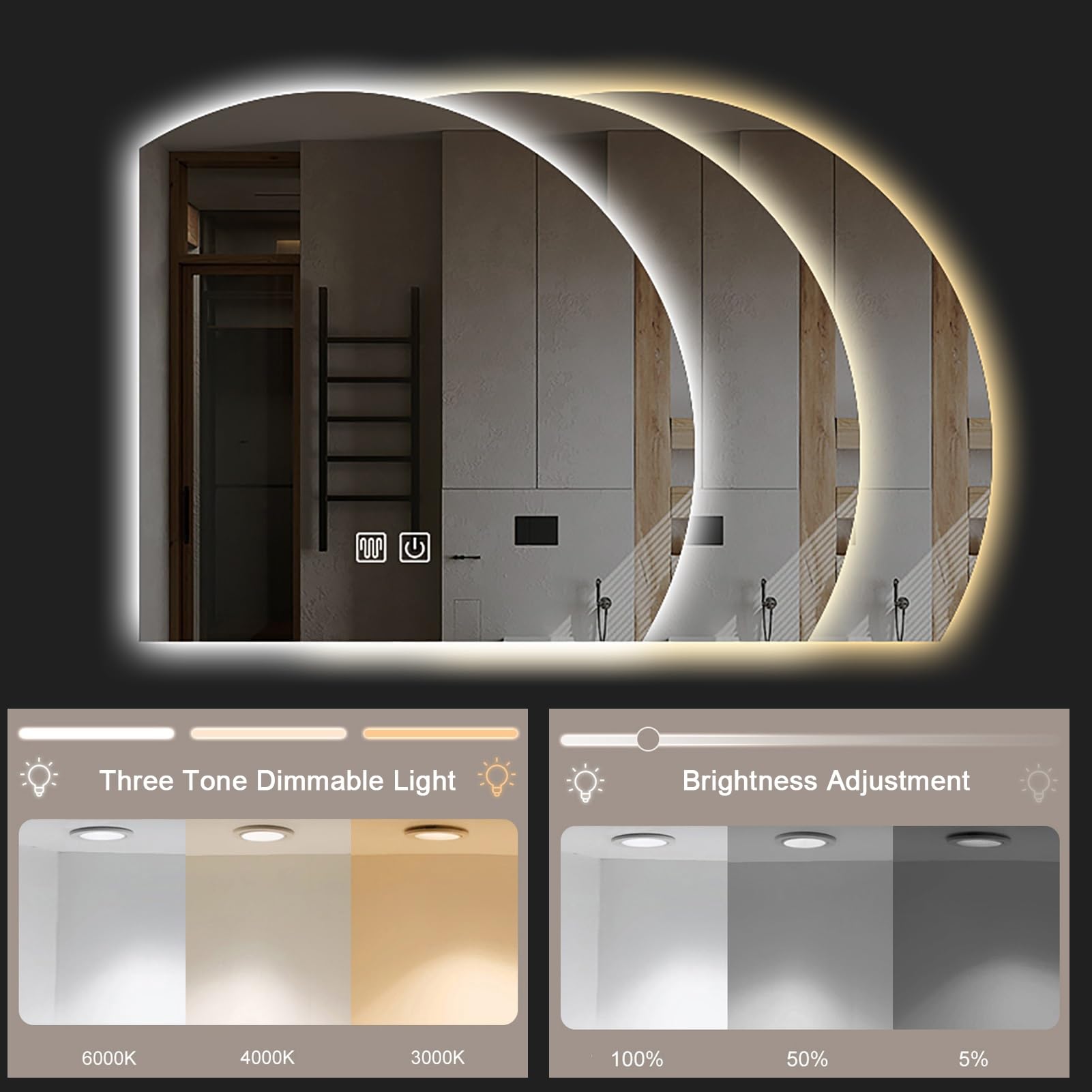 Beleuchteter Badezimmerspiegel zur Wandmontage, mit Anti-Beschlag-Funktion, Touch-Steuerung, Make-up-Duschspiegel, 3 Farben, dimmbar, wasserdicht, 60 cm