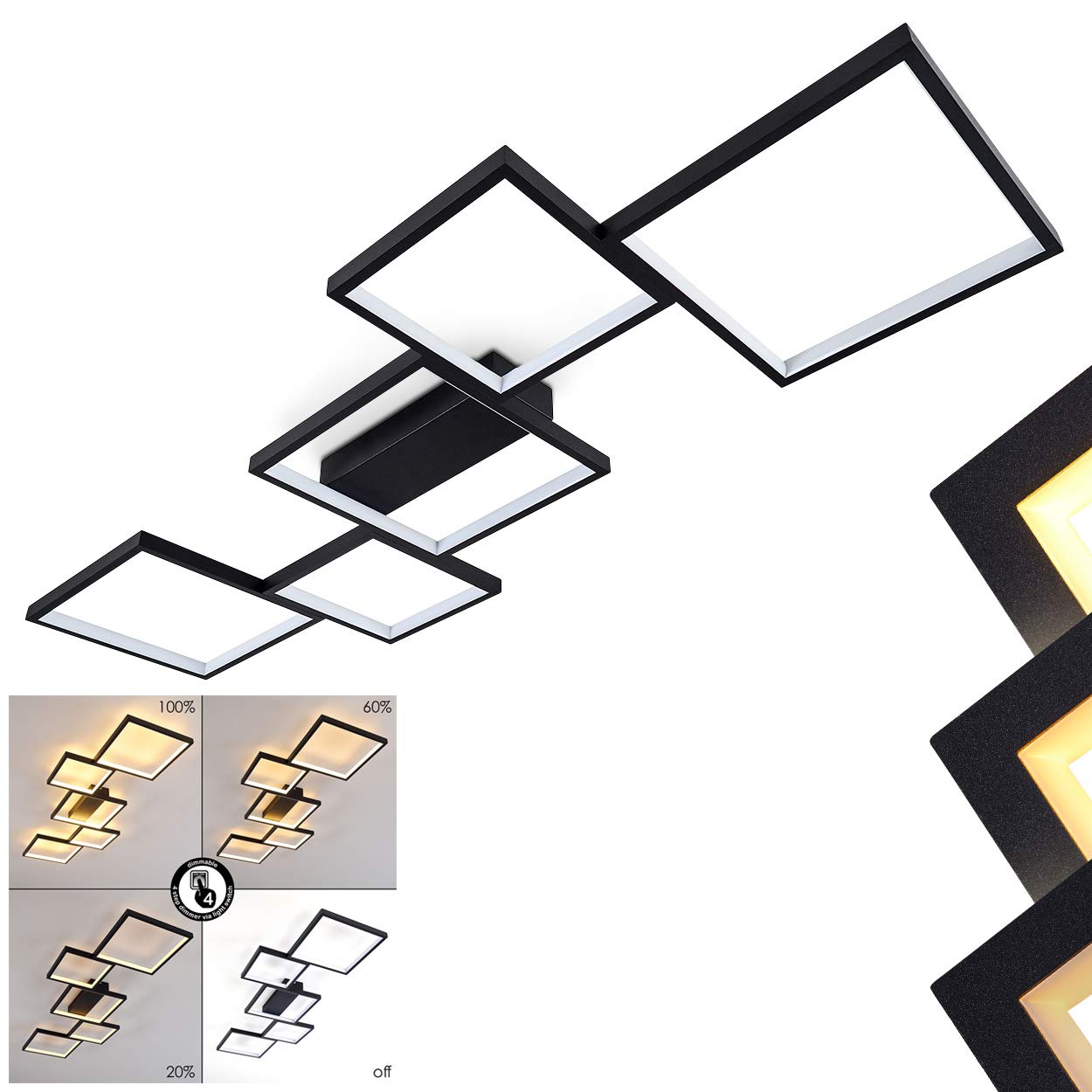 Hofstein Black Led Ceiling Lamp Bacolod, Dimmable Ceiling Lamp Made Of Metal In 34 Watt, 3400 Lumen, 3000K, Dimmable, Light Effect
