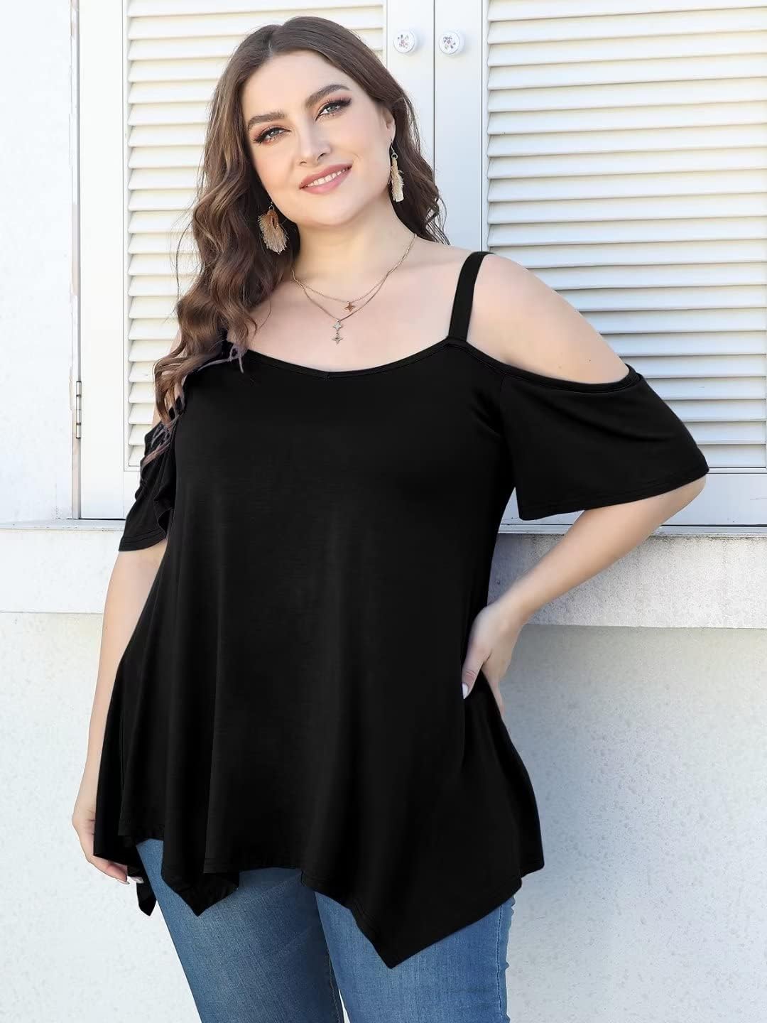 LARACE Cold Shoulder Tops for Womens Summer Clothes Spaghetti Strape Tunic Oversized Shirts Asymmetrical Plus Size Blouse - Image 5