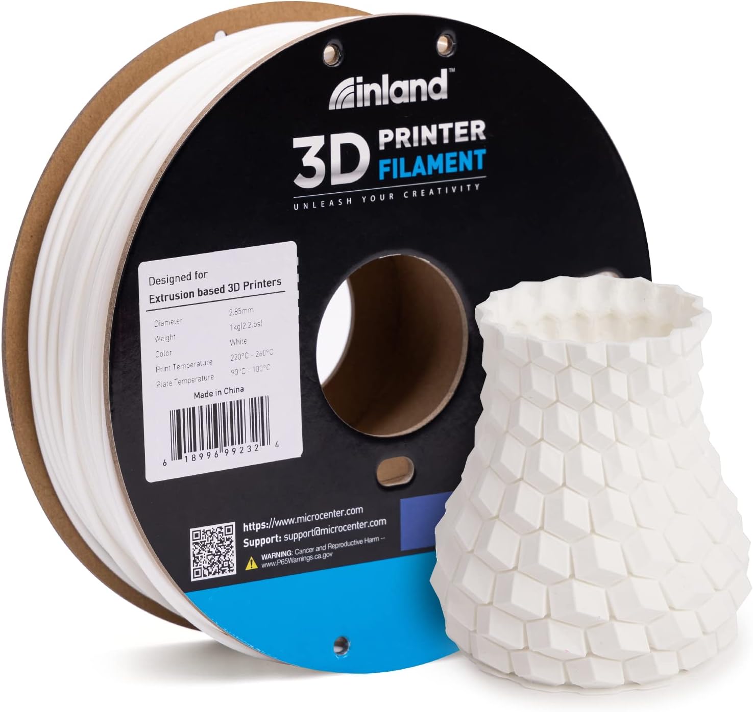 Inland 2.85mm White ABS 3D Printer Filament - 1kg Spool (2.2 lbs)