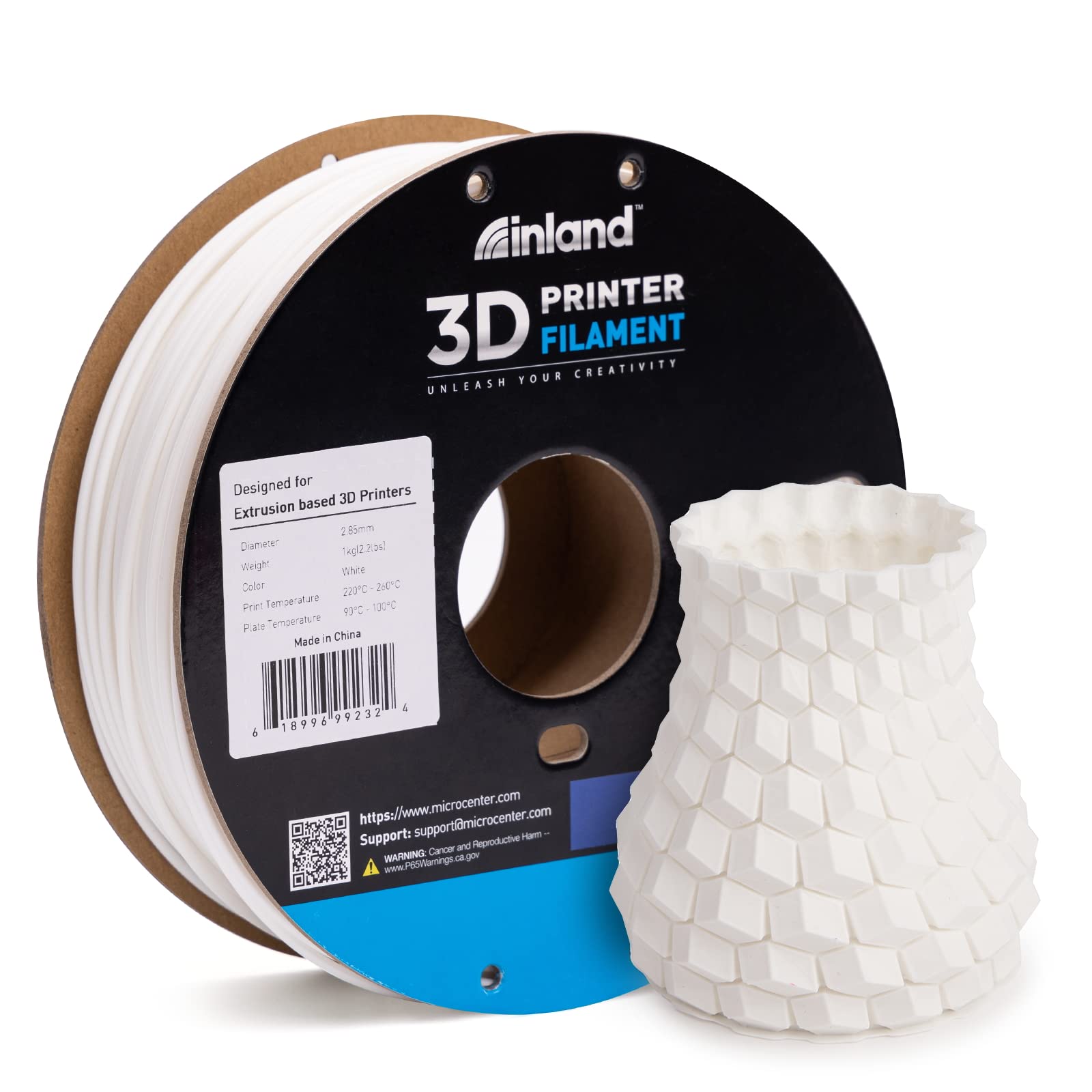 Inland 2.85mm White ABS 3D Printer Filament - 1kg Spool (2.2 lbs)