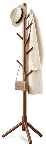Freyawin Wooden Coat Rack Freestanding with 8 Hooks & 3 Adjustable Sizes for Clothes, Space-Saving Design for Bedroom Office Entrance Holds Hats Coats Scarves Bags