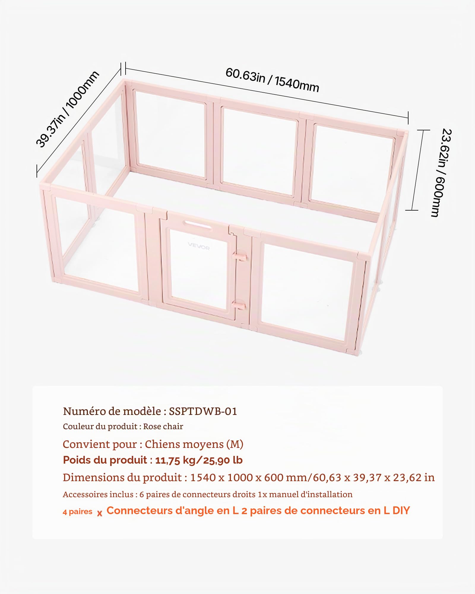 VEVOR Parc de Mise Bas pour Chien, 154 x 100 x 60 cm, Caisse de Mise Bas pour Chiots, avec Fenêtres Transparentes et Serrure, Cadre Rose Clair, Kit de Naissance Durable pour Chiens de Taille Moyenne
