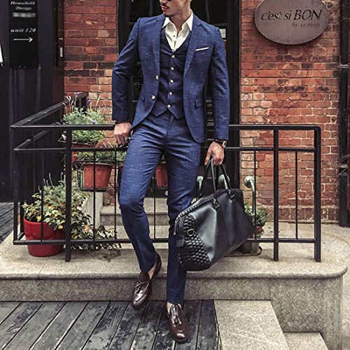 HOTK Men's Suits 3 Piece Classic Tweed Herringbone Check Tan Slim Fit Groom Tuxedos Formal Business Suits3