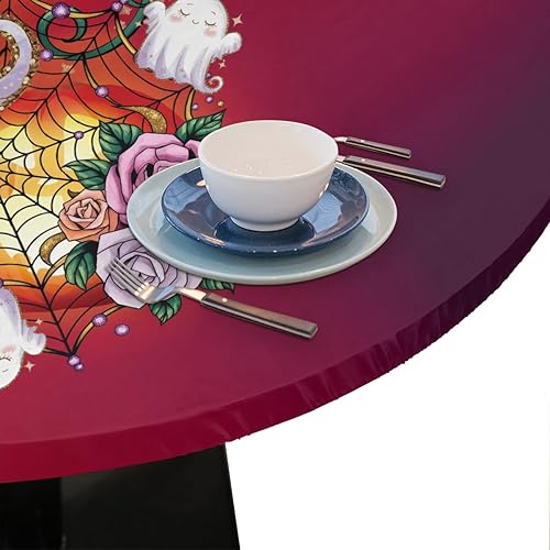 Miniatura 103 de Mantel redondo ajustado con diseño de mandala de flores, mantel circular bohemio y colorido con borde elástico, impermeable, lavable, de poliéster