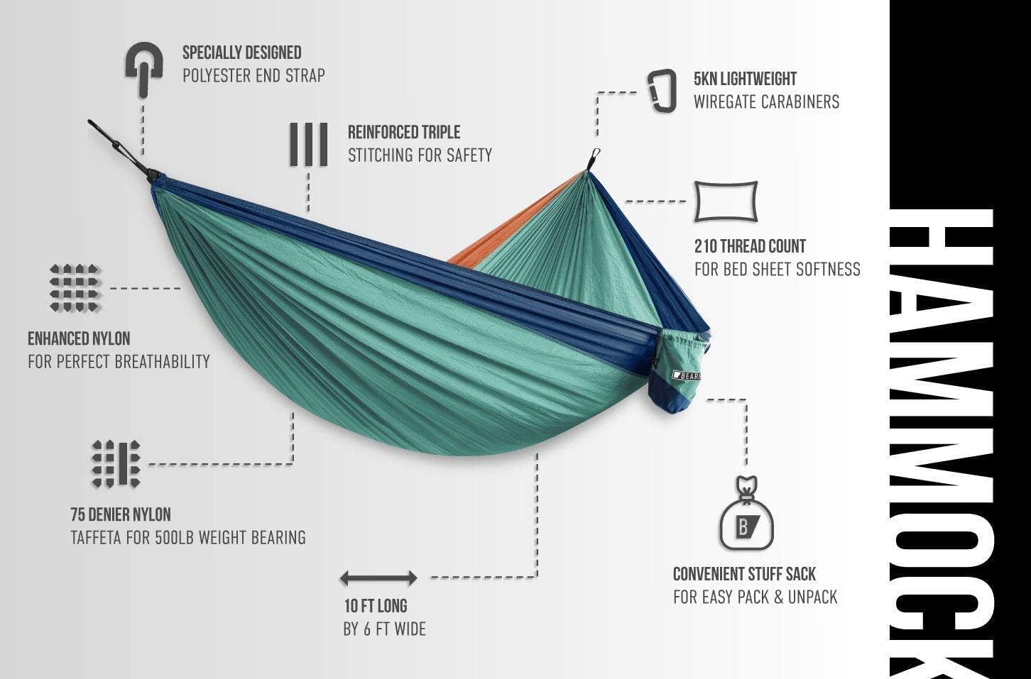 Bear Butt Camping Hammock - Hammock - Camping Gear - 2 Person Hammock - Backpacking Tree Hammock - Double Hammock Camping - Hiking Gear - Portable Hammock for Camping - Travel Hammock - Outdoor Bundle