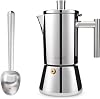 Easyworkz Diego Stovetop Espresso Maker 4Cup 6.8 oz Moka Pot, Bundled with Stainless Steel Long Hollow Handle 7g Measuring Spoon, Brushed Silver