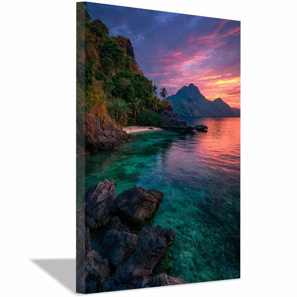 HOQIU Landscape wall art Coastsal Sunset Paradises canvas art, art print, house decor, bedroom wall decor above bed, prints for living room.(Multicolor)-20x30cm Framed