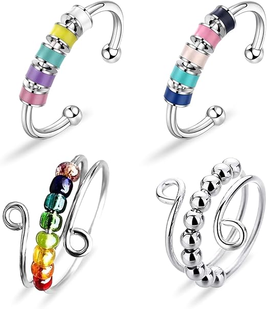 Bijou Décompression Réglable Bague Spinner Anti-Stress Argent 925 - 5/8/10 Perles Rotatives - Ajustable Taille 55-60 Bague Spinner Argent 925