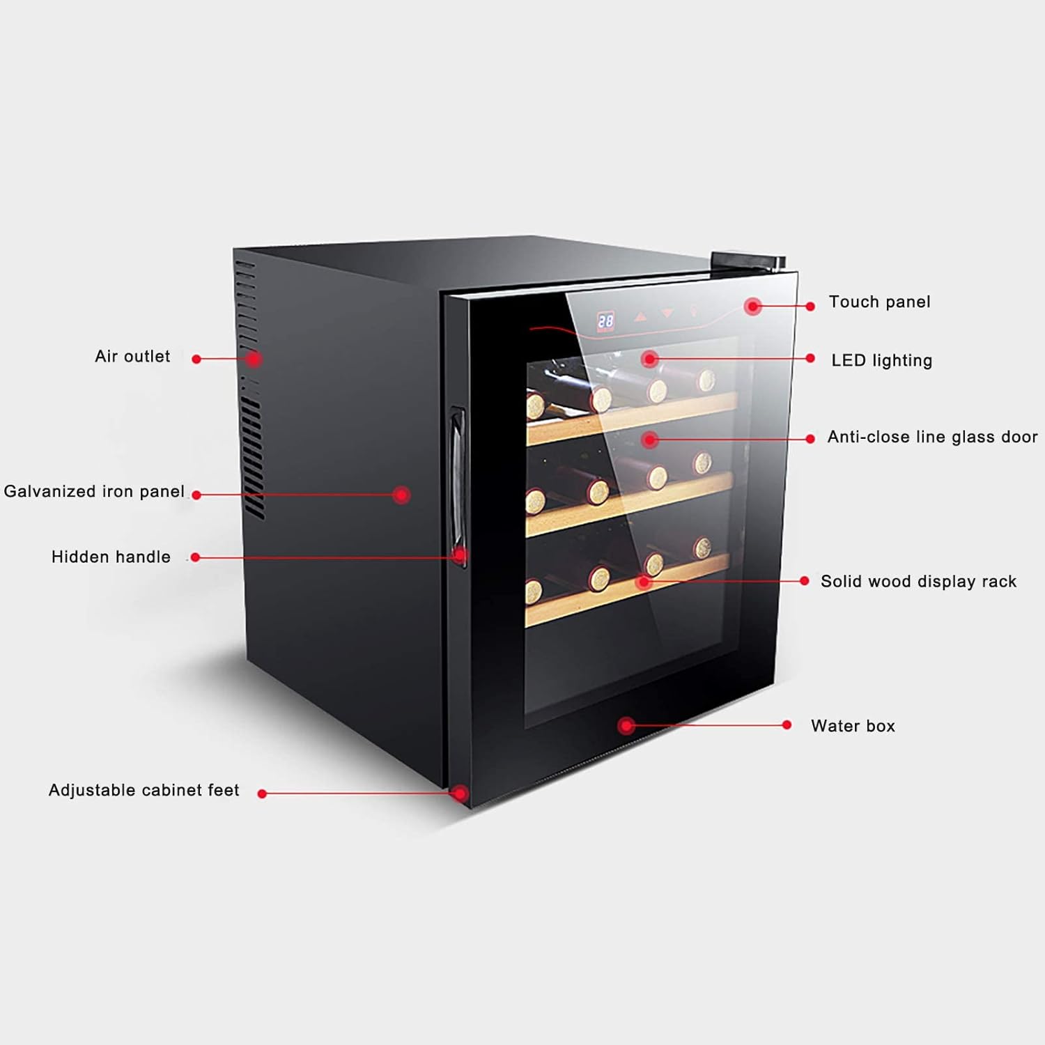 Wine Cooler Refrigerator Fridge 16 Bottles Single Zone Wine Cellar Freestanding Wine Chiller with Double-Layer Glass Door Touch Screen Stainless Steel
