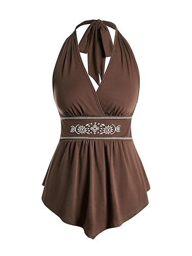 Milumia Women's Boho Flowy Asymmetrical Halter Top Western V Neck Hippie Tops - Medium - Brown
