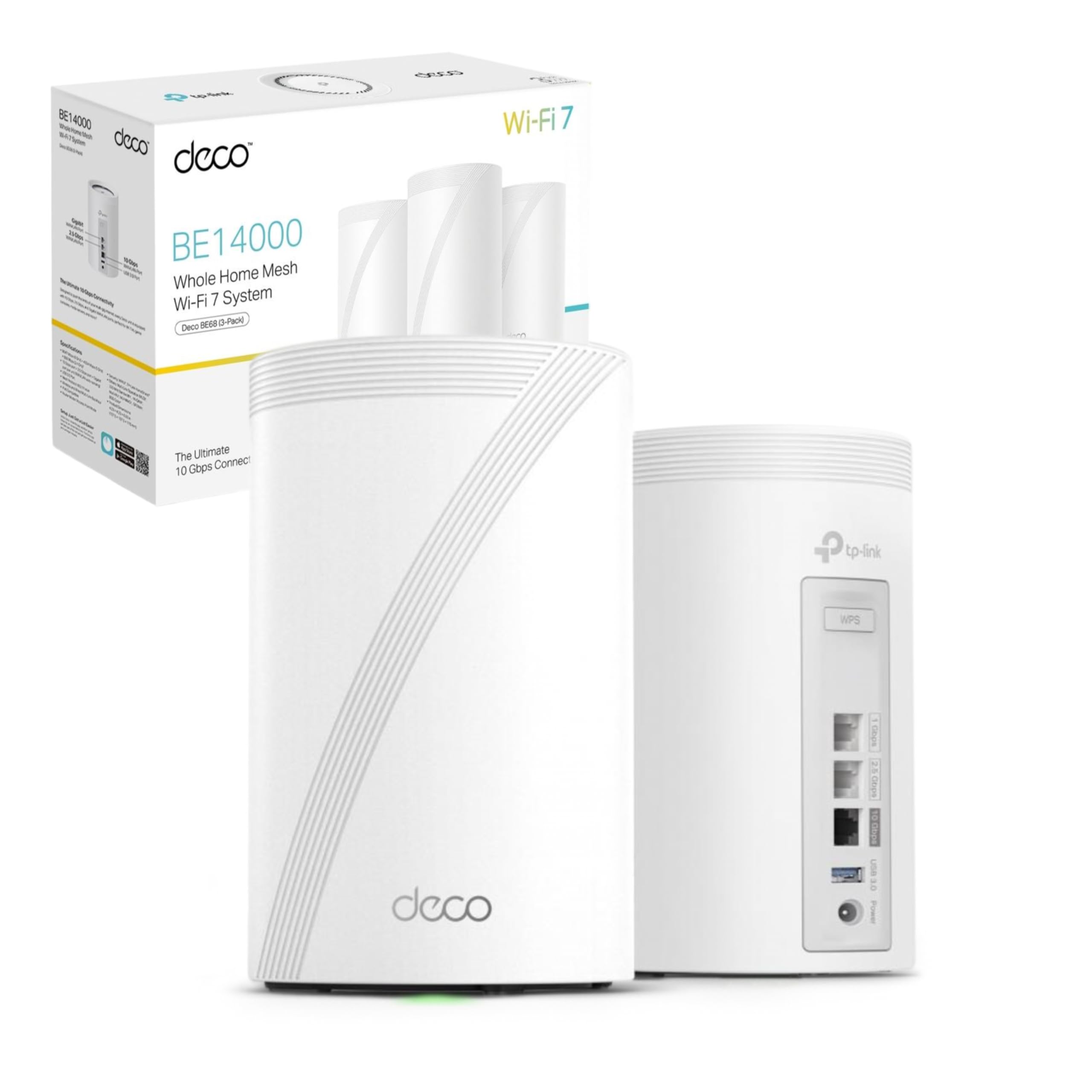 TP-Link Deco BE68 Wi-Fi 7 Mesh WLAN Set(2er Pack) BE14000, Tri-Band 8647 Mbps(6 GHz) + 4324 Mbps (5 GHz) + 688 Mbps(2,4 GHz), 6 Streams, MLO, 1×10G Ports + 1×2,5G Port + 1×Gigabit Port, USB 3.0