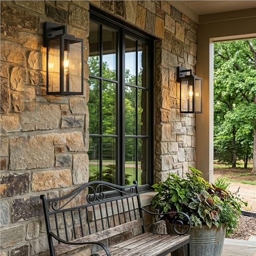 Image of 2-Pack Outdoor Wall Light Fixtures, Black Exterior Waterproof Wall Lanterns, Anti-Rust Porch Lights Outdoor with E26 Socket & Tempered Glass, Modern Outside Lights for House Front Door Patio, 15 Inch