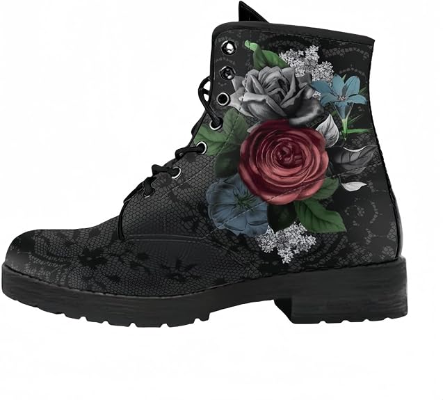 Women's Printed Short Boots Lace-up Block Heel Combat Ankle Booties for Girls Ladies Autumn and Winter Shoes Rose Skull Butterfly FLowers Cartoon Pattern