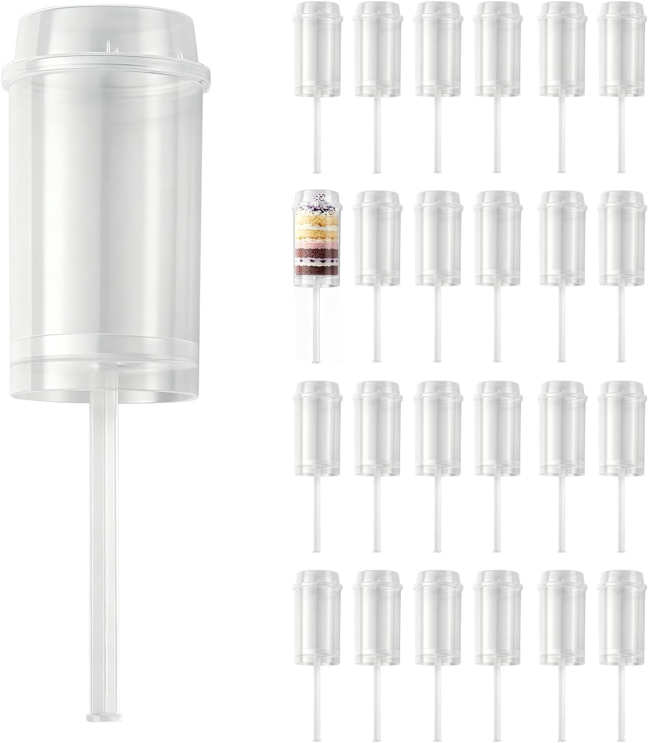 Cake Push Pop Containers, Push Up Cake Pop Containers with Lids, Clear Plastic Reusable Food Grade, Easy to Clean, Non-Stick to Cup, Great for Birthday Parties, Afternoon Tea (24 Packs)