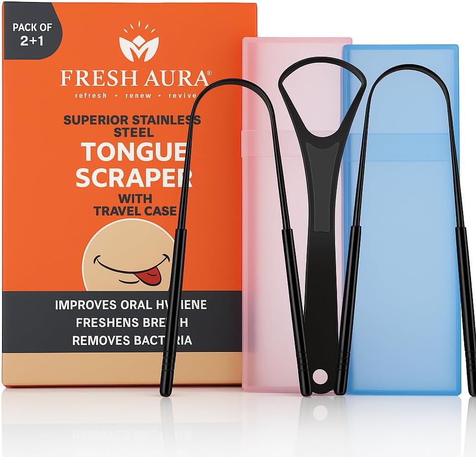 Stainless Steel Tongue Scraper Set (2+1 Pack) with Travel Cases – Premium Oral Care Tool for Fresh Breath & Daily Hygiene - Amazon product rated Grade B