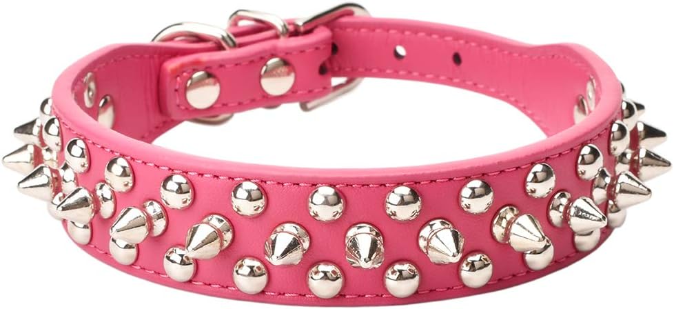 Aolove Mushrooms Spiked Rivet Studded Adjustable Microfiber Leather Pet Collars for Cats Puppy Dogs (10.6"-13" Neck, Rose Red)
