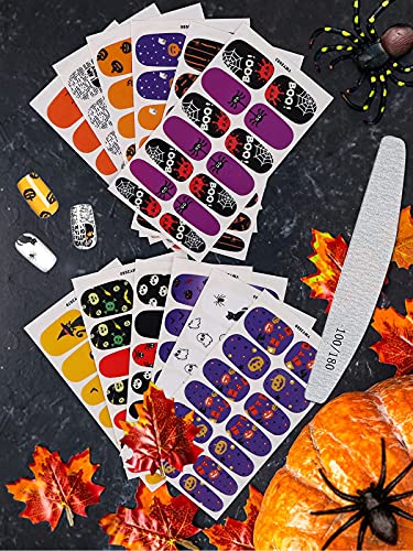 EBANKU 12 Blatt Halloween Nagelsticker Luminous mit Nagelfeile, Selbstklebende Nagelfolie Maniküre Sticker Kürbis für Frauen Mädchen Party Nail Art Dekoration – Bild 8