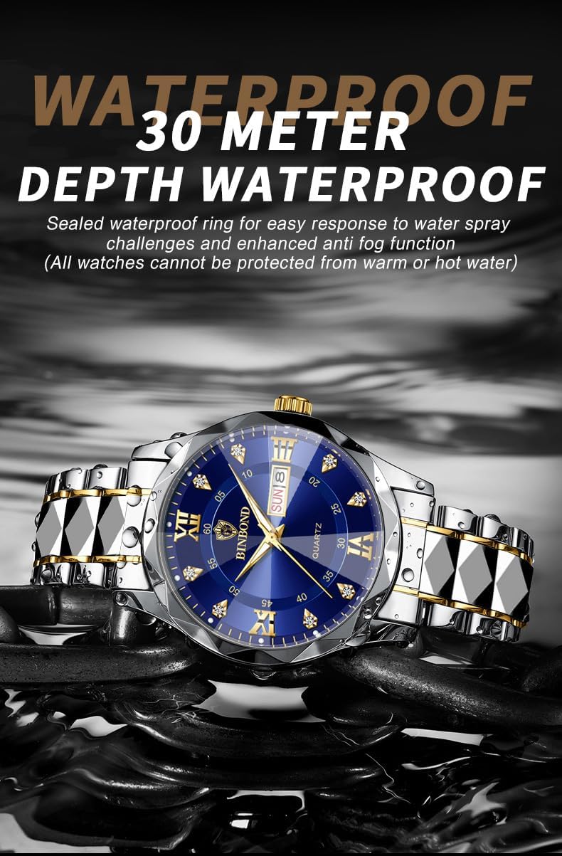 Men's Wrist Watches, Stainless Steel Watches for Men Week/Date Calendar Quartz Waterproof Watch for Men Business Dress Luminous Hands Men's Watch - Image 4