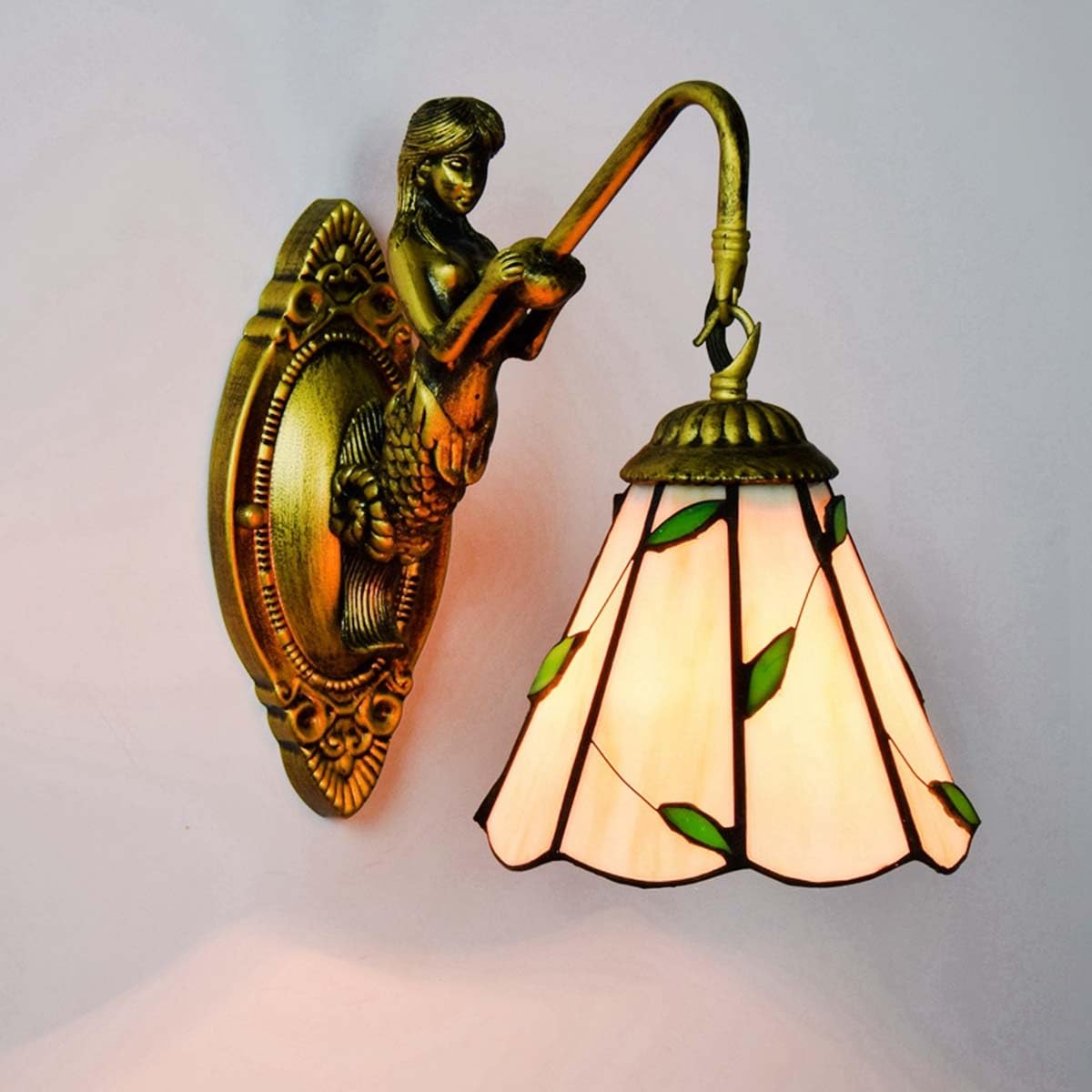 Tiffany Style Wall Sconce, 6 Inch Stained Glass Wall Mount Light Mermaid Warm Leaves Vintage Decorative Bedside Lamps for Bedroom Living Room Corridor Stairways