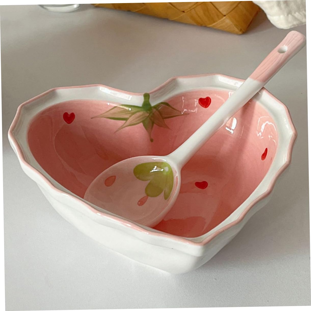ABOOFAN Ciotola Cuore Cucchiaio in Ceramica Decorativa per Dessert e Frutta Forma Fragola Stile Kawaii Casa