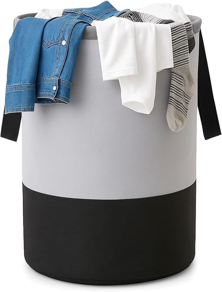 GLUN Plastic Round Shape Foldable Laundry Bag Capacity Of 45 Ltr, Non Woven Toys And Cloth Bag, Grey And Black Combination Pack Of 1