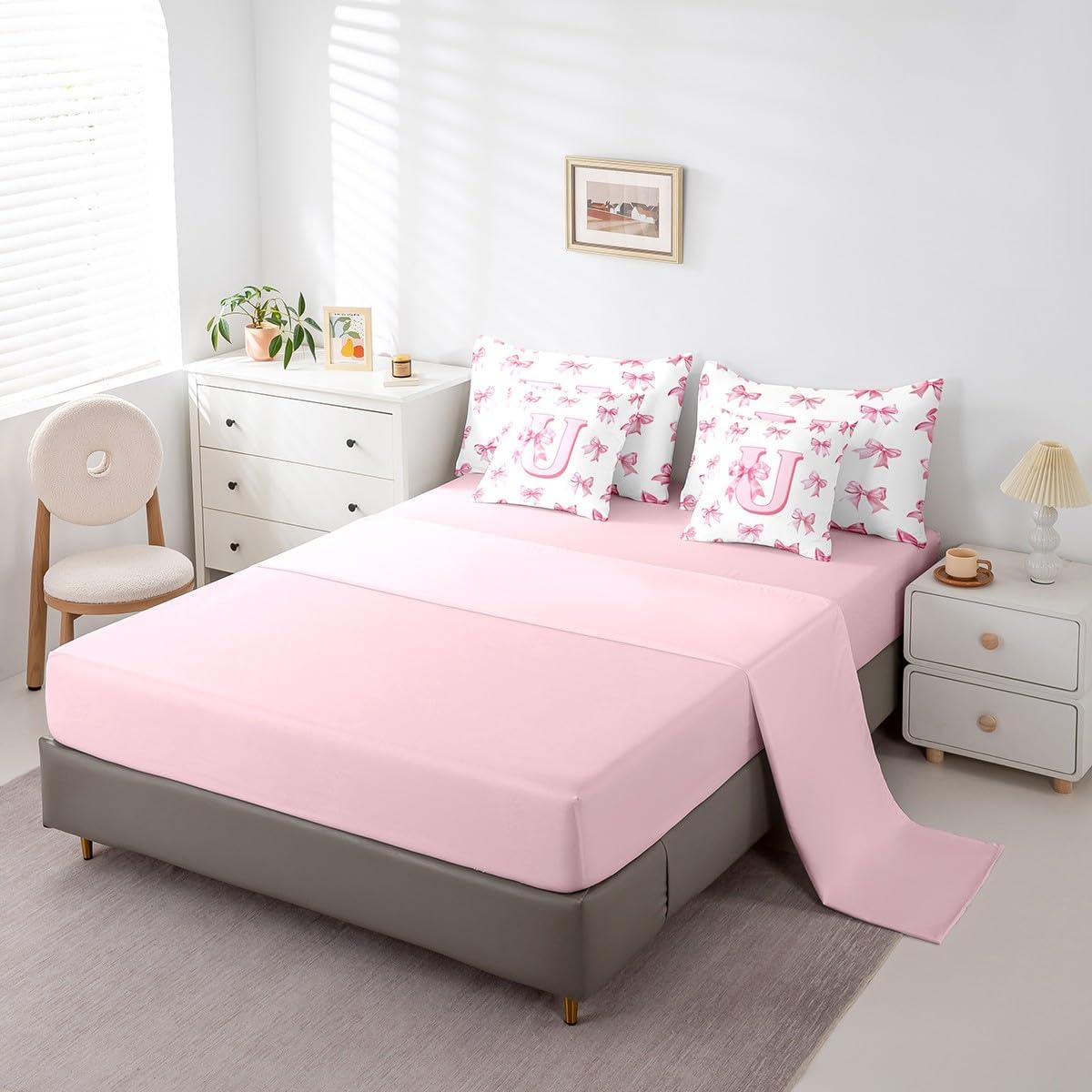 Erosebridal Cute Pink Bow Full Comforter Set 7 Piece Princess Style Bowknot Girls Bedding Set Initial Letter U Bed in A Bag with Sheets Girly Kawaii Alphabet Bow Bed Set for Kids Teen Women