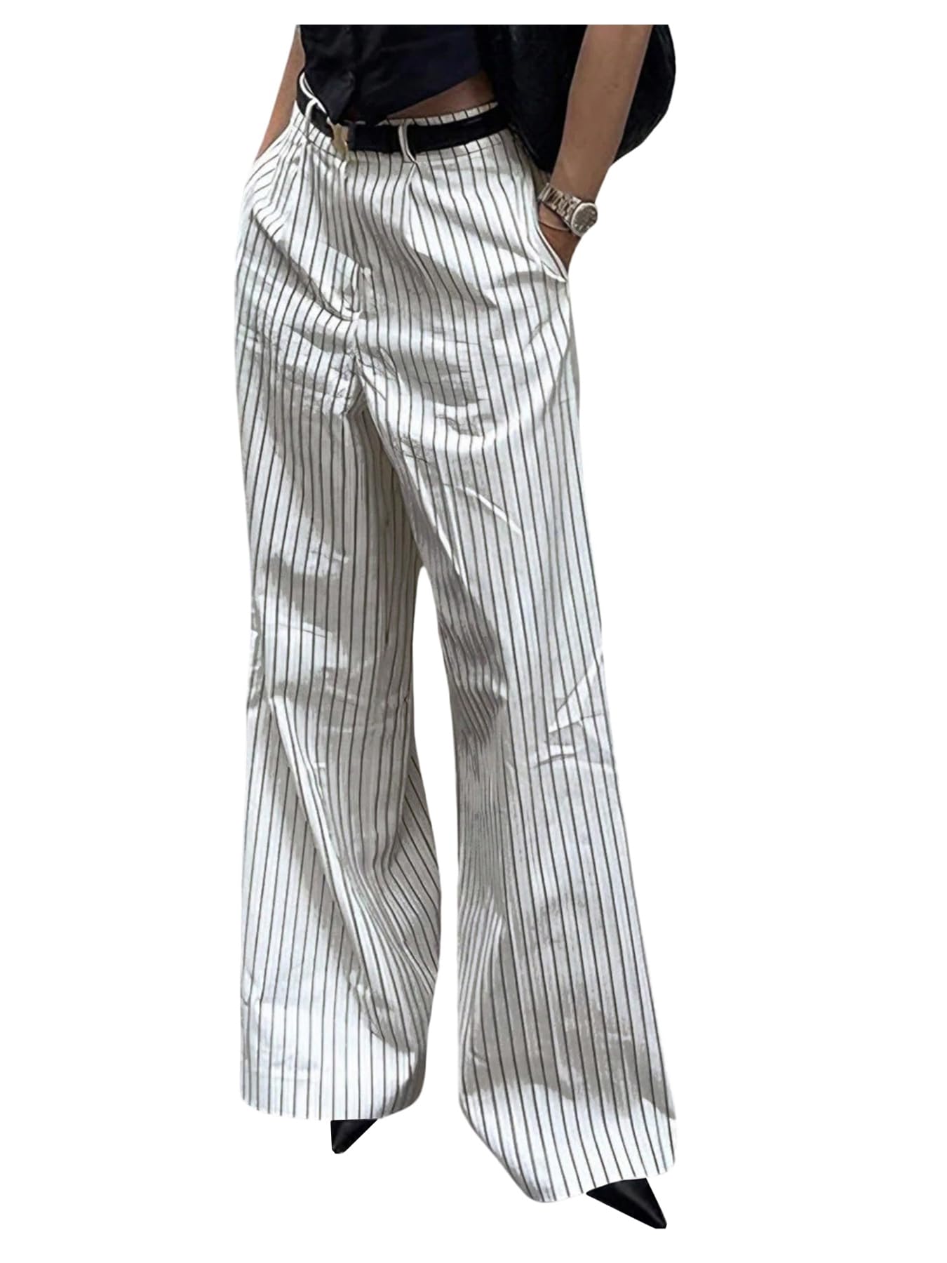 GORGLITTER Womens Striped Dress Pants Pinstripe Wide Leg Long Pants Baggy Business Casual Workout Trousers